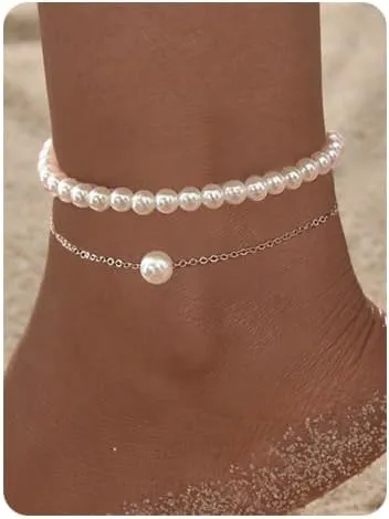 Pearl Ankle Bracelets for Women Silver Anklet Summer Beachy Cute Dainty Jewelry Gift