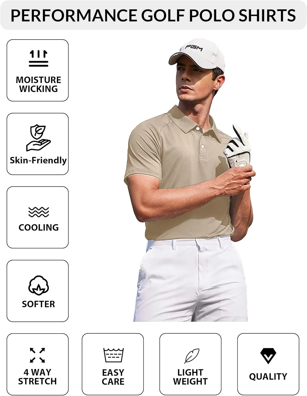 PINSPARK Mens Golf Polo Shirts Performance Quick-Dry Moisture-Wicking Collared Shirts Short Sleeve Buttons Casual Polo Shirts