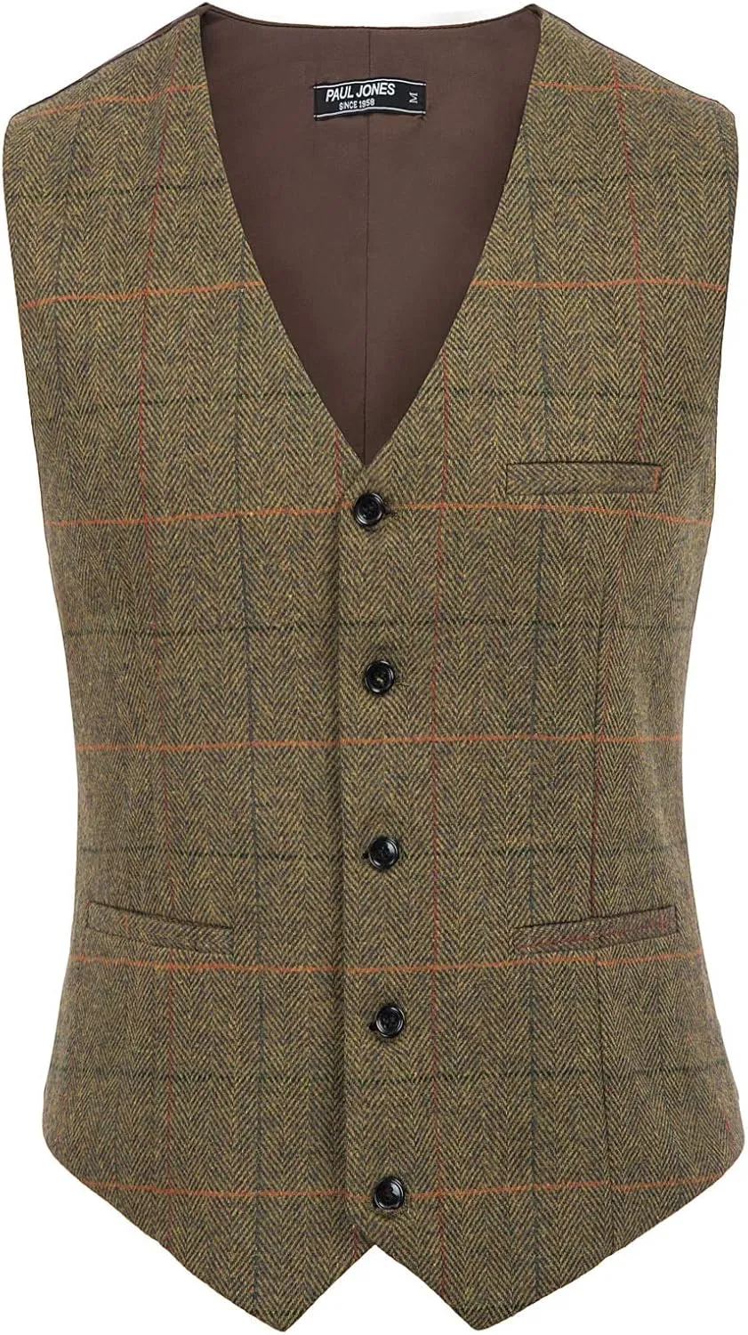PJ PAUL JONES Men's Herringbone Tweed Suit Vest Casual Wool Blend Waistcoat