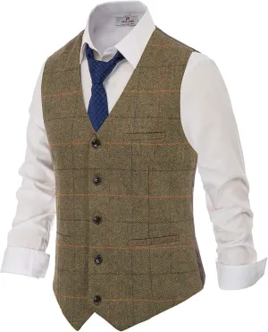 PJ PAUL JONES Men's Herringbone Tweed Suit Vest Casual Wool Blend Waistcoat