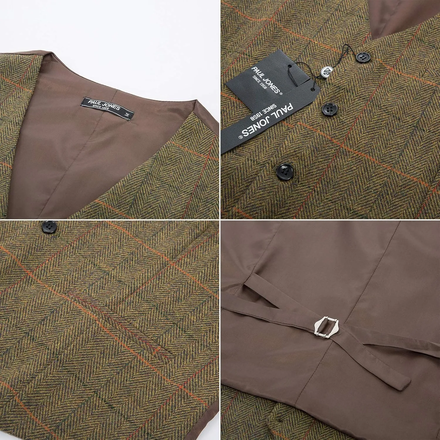 PJ PAUL JONES Men's Herringbone Tweed Suit Vest Casual Wool Blend Waistcoat