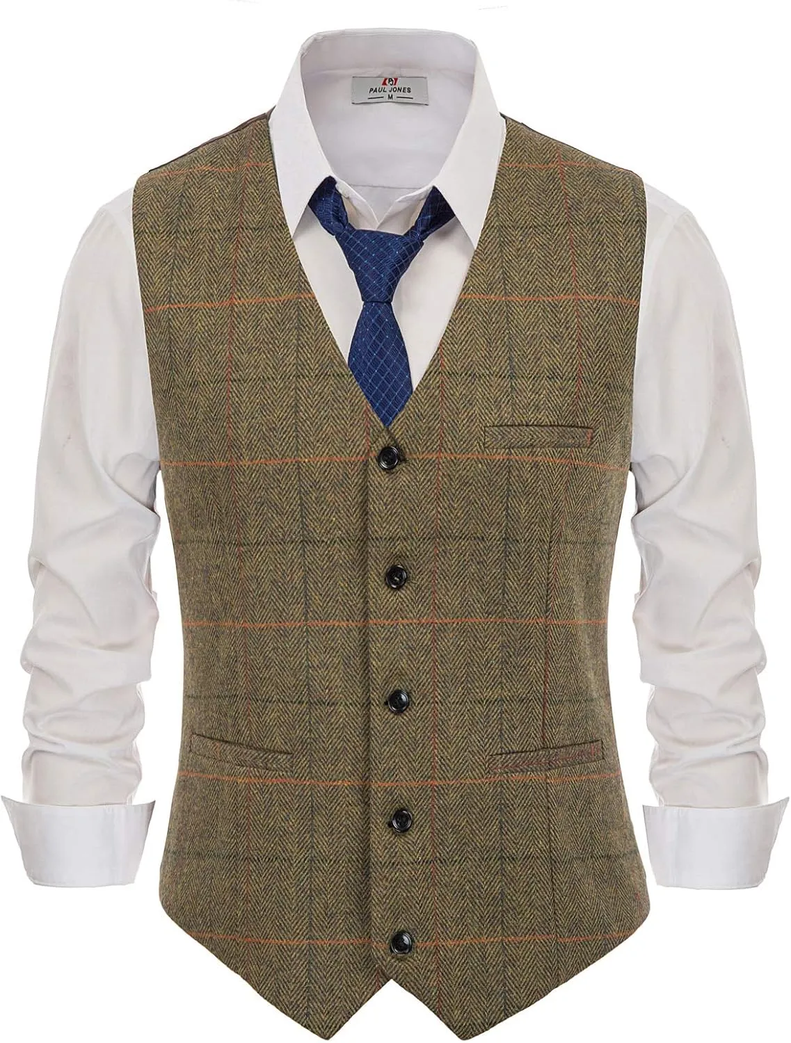 PJ PAUL JONES Men's Herringbone Tweed Suit Vest Casual Wool Blend Waistcoat