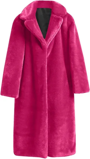 Plus Size Faux Fur Jackets for Women Winter Warm Thermal Shaggy Coats Long Sleeve Notched Lapel Collar Cozy Outwear