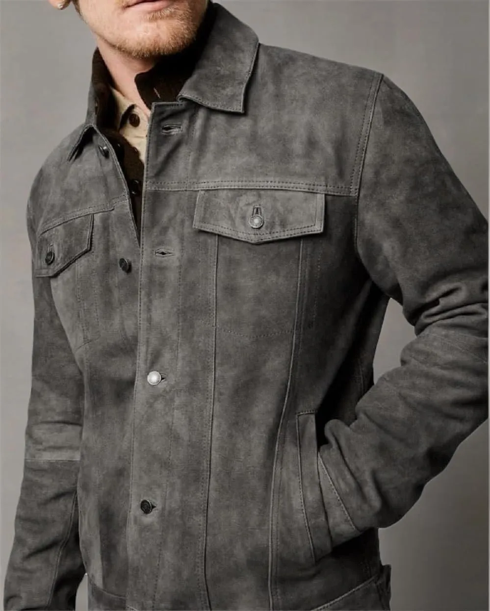Premium Vintage Trucker Suede Leather Jacket Men Genuine Lambskin Men Leather Jackets Shirt Collar Jackets For Mens