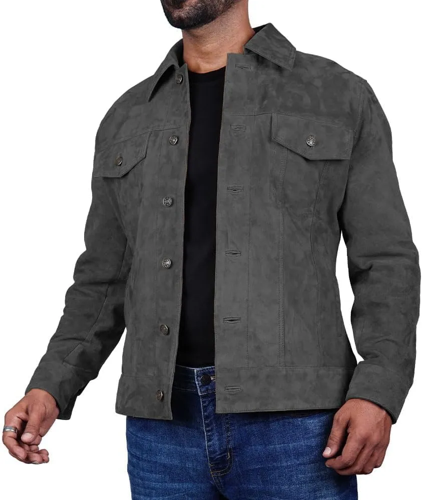 Premium Vintage Trucker Suede Leather Jacket Men Genuine Lambskin Men Leather Jackets Shirt Collar Jackets For Mens