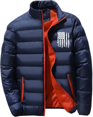 Puffer Jacket Men Packable Lightweight Down Coat USA Flag Winter Jacket Zip up Quilted Jacket with Zipper Pockets