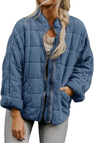 Quilted Jackets for Women Lightweight Puffer Jackets Zip Up Down Coats Dolman Sleeve Tops Warm Winter Coats Outwear