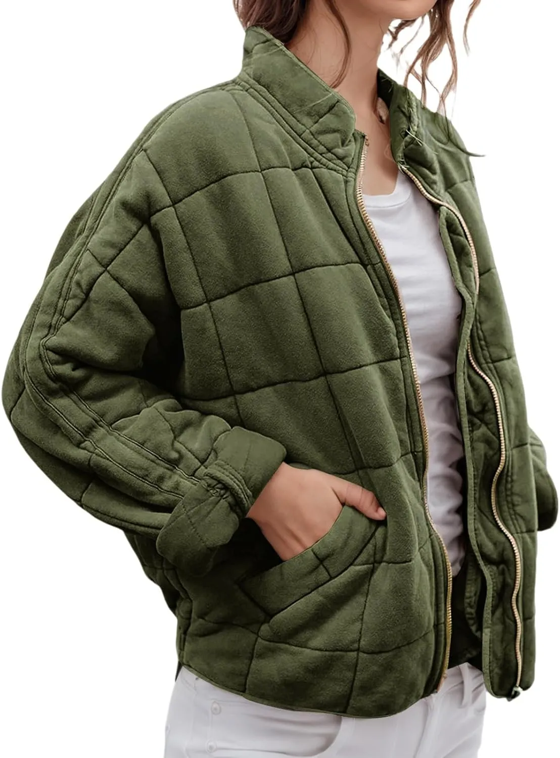 Quilted Jackets for Women Lightweight Puffer Jackets Zip Up Down Coats Dolman Sleeve Tops Warm Winter Coats Outwear