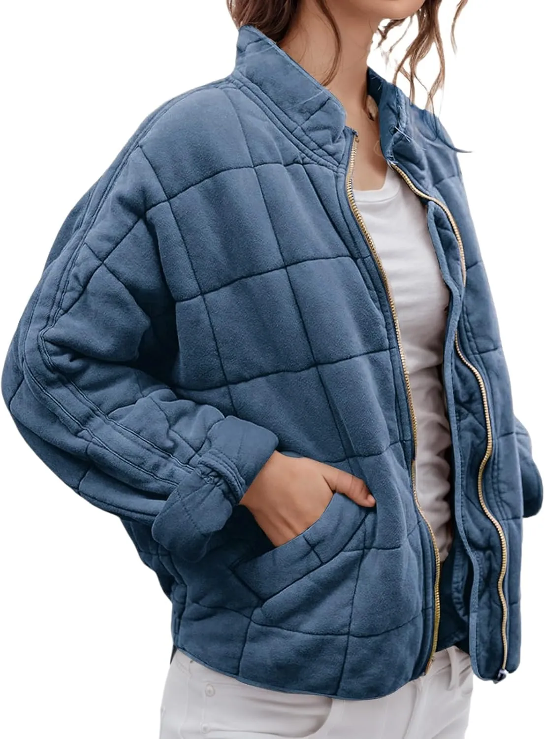 Quilted Jackets for Women Lightweight Puffer Jackets Zip Up Down Coats Dolman Sleeve Tops Warm Winter Coats Outwear