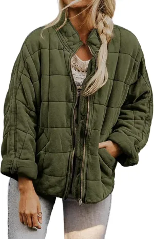 Quilted Jackets for Women Lightweight Puffer Jackets Zip Up Down Coats Dolman Sleeve Tops Warm Winter Coats Outwear