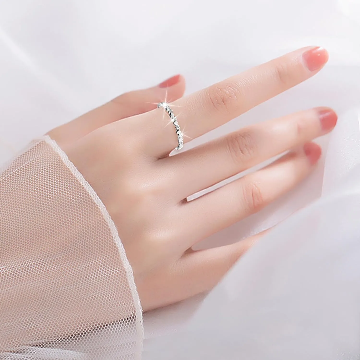 Rings for Women Sterling Silver Set Stackable Wedding Bands Rings Comfortable Lightweight Sparkling Crystal Statement Ring