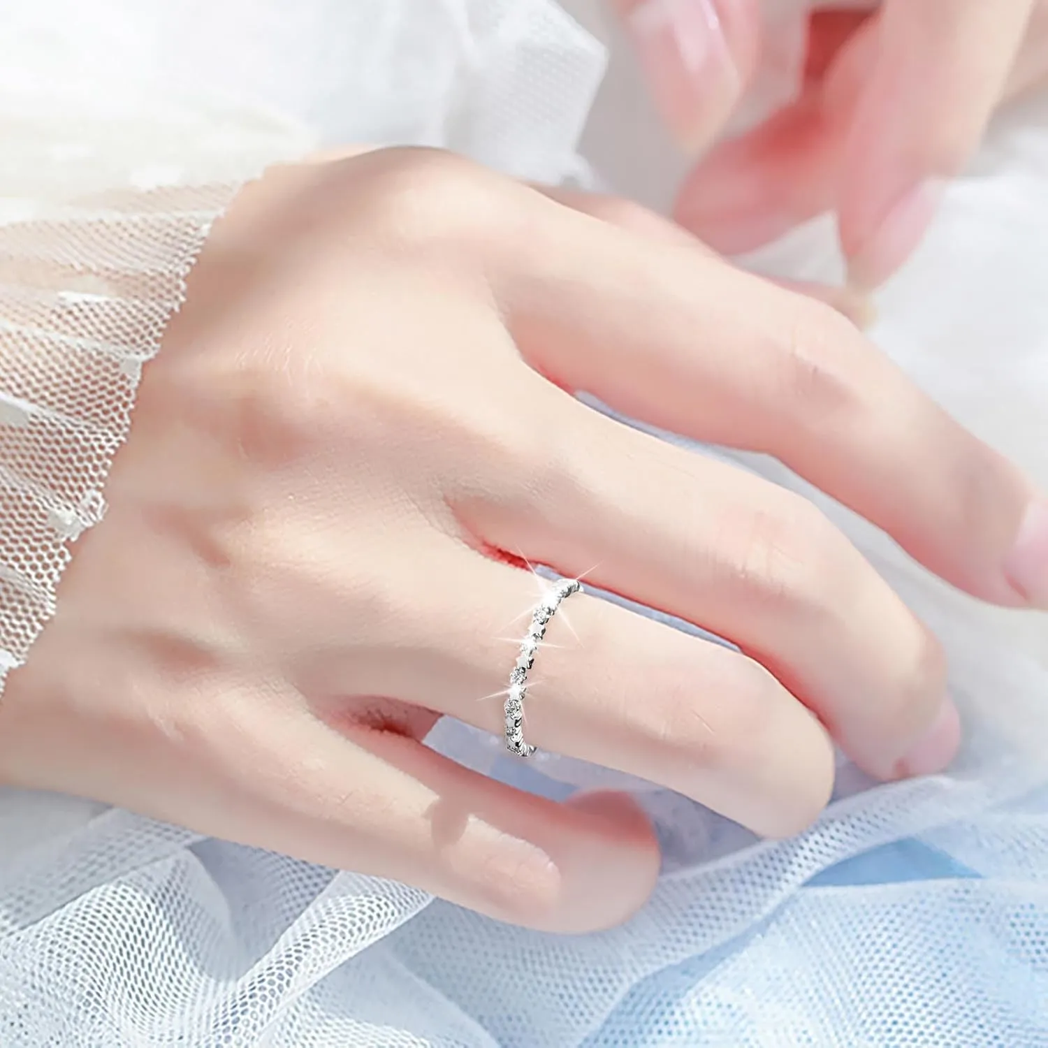 Rings for Women Sterling Silver Set Stackable Wedding Bands Rings Comfortable Lightweight Sparkling Crystal Statement Ring