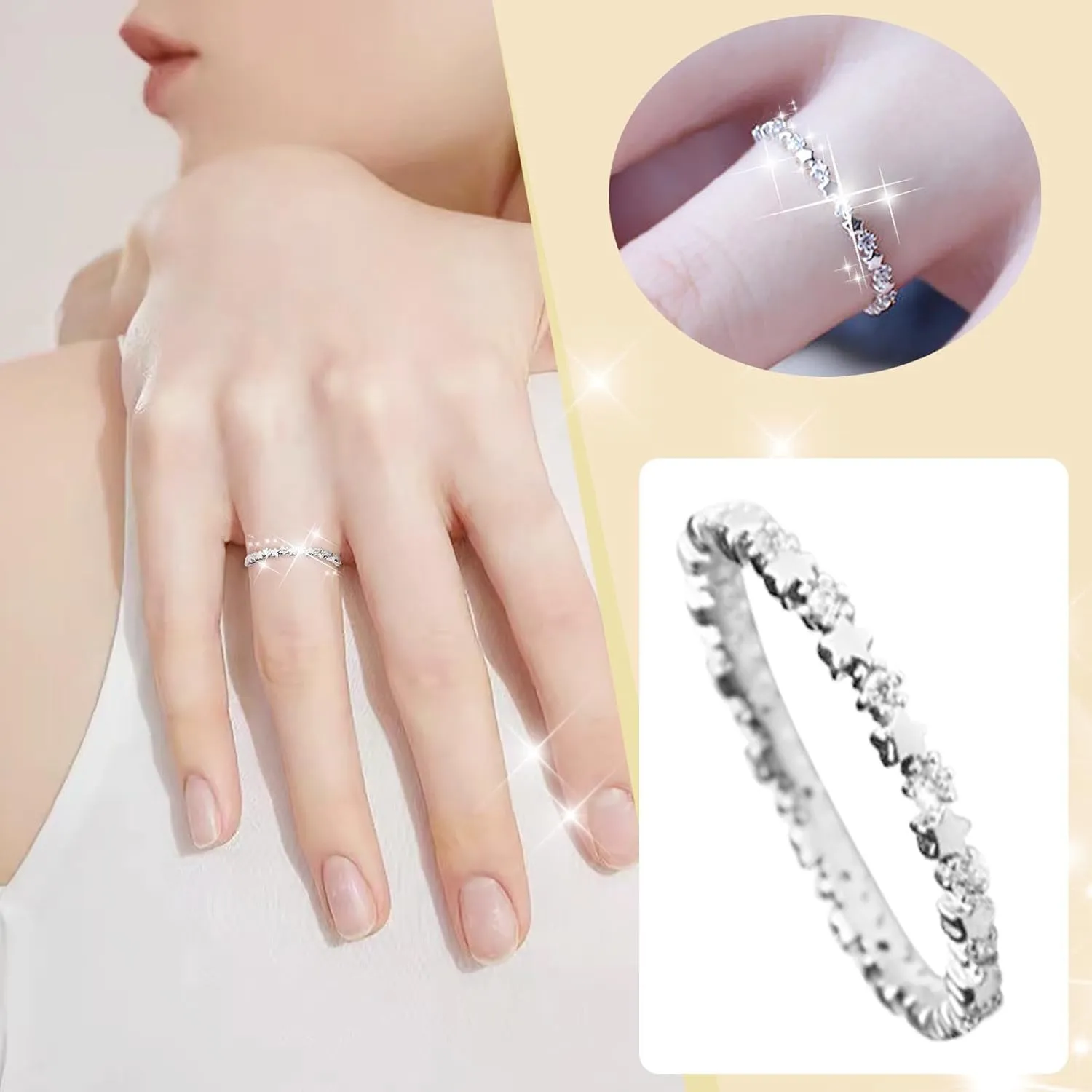 Rings for Women Sterling Silver Set Stackable Wedding Bands Rings Comfortable Lightweight Sparkling Crystal Statement Ring