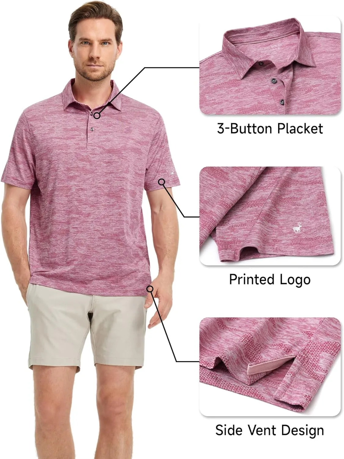 Rouen Polo Shirts for Men Moisture Wicking Quick Dry Lightweight Jacquard Performance Polo Shirts Casual Collared Golf Shirts
