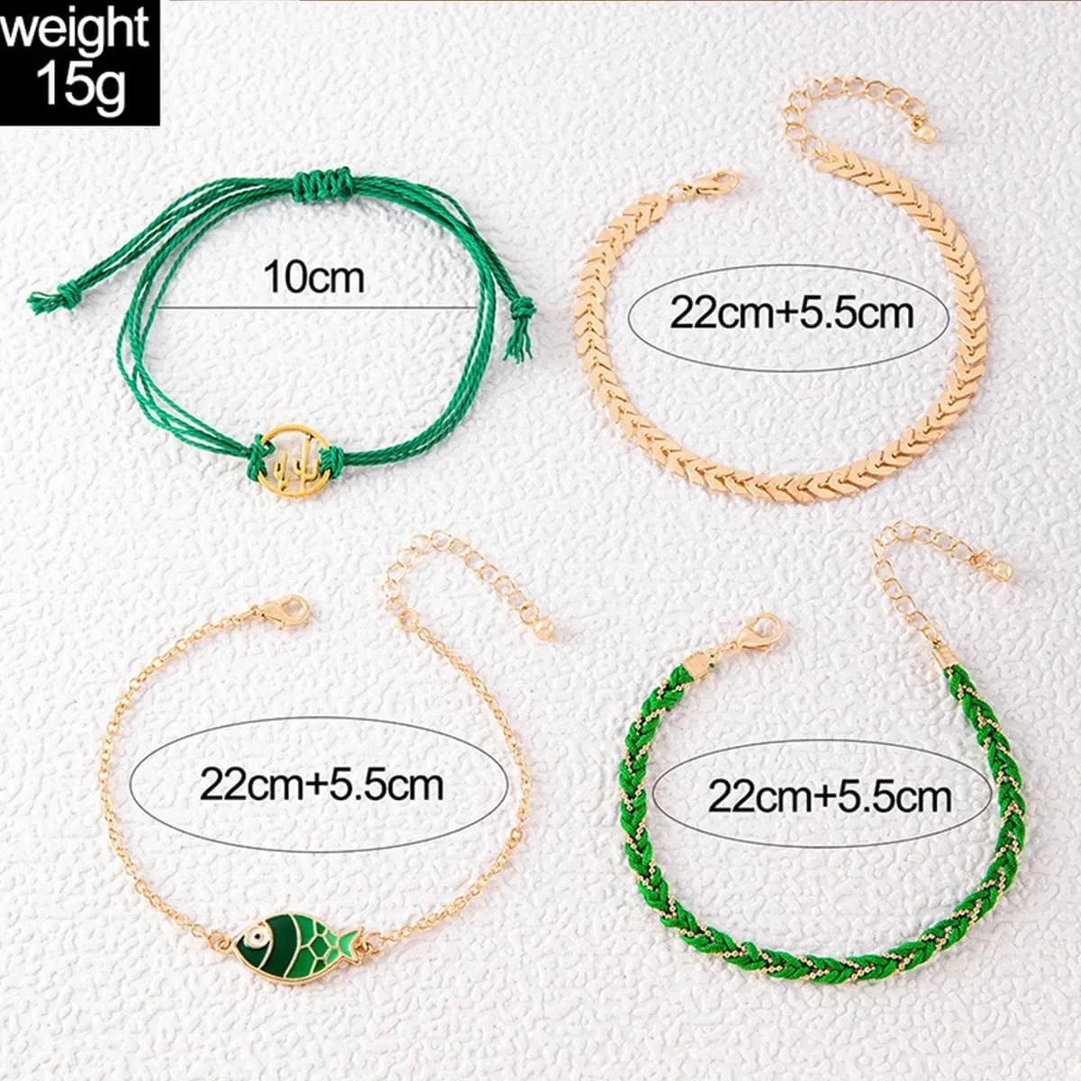 Rrdaily 4pcs Boho Stackable Anklets Set Women Gold Layered Fish Cactus Braided Anklets Adjustable Arrows Handmade Anklets Ocean Jewelry Gift