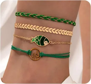 Rrdaily 4pcs Boho Stackable Anklets Set Women Gold Layered Fish Cactus Braided Anklets Adjustable Arrows Handmade Anklets Ocean Jewelry Gift