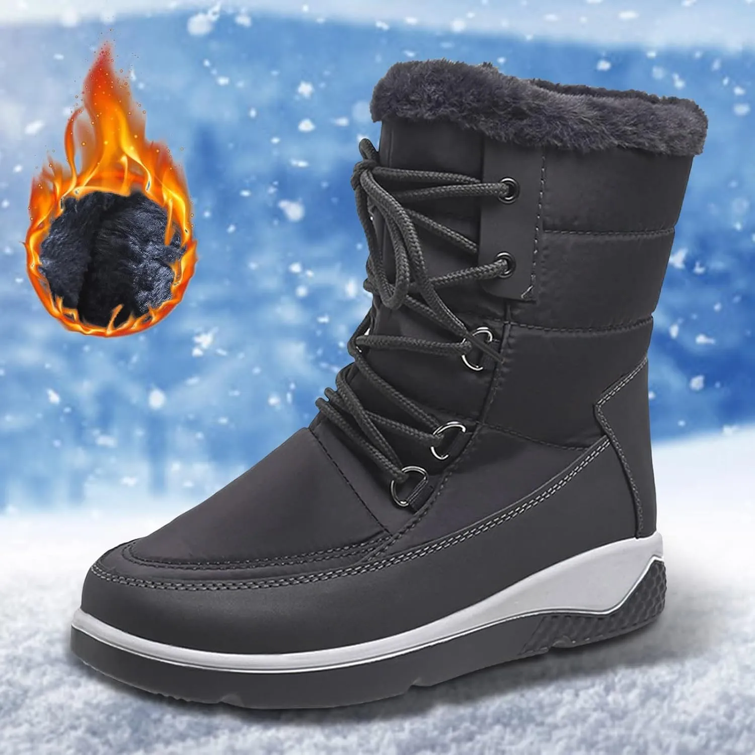 SBGMoSJ Slip on Winter Boots for Women Black Womens Winter Boots Waterproof Insulated Fur Boots for Women Winter Outdoor Work Boots for Women Waterproof Botas De Invierno Impermeables Para Mujer
