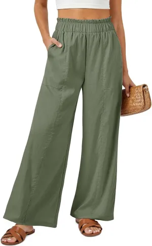 SEMARO Womens Casual Linen Feel Wide Leg Pants High Waist Palazzo Flowy Trousers Beach Vacation Outfits 2025