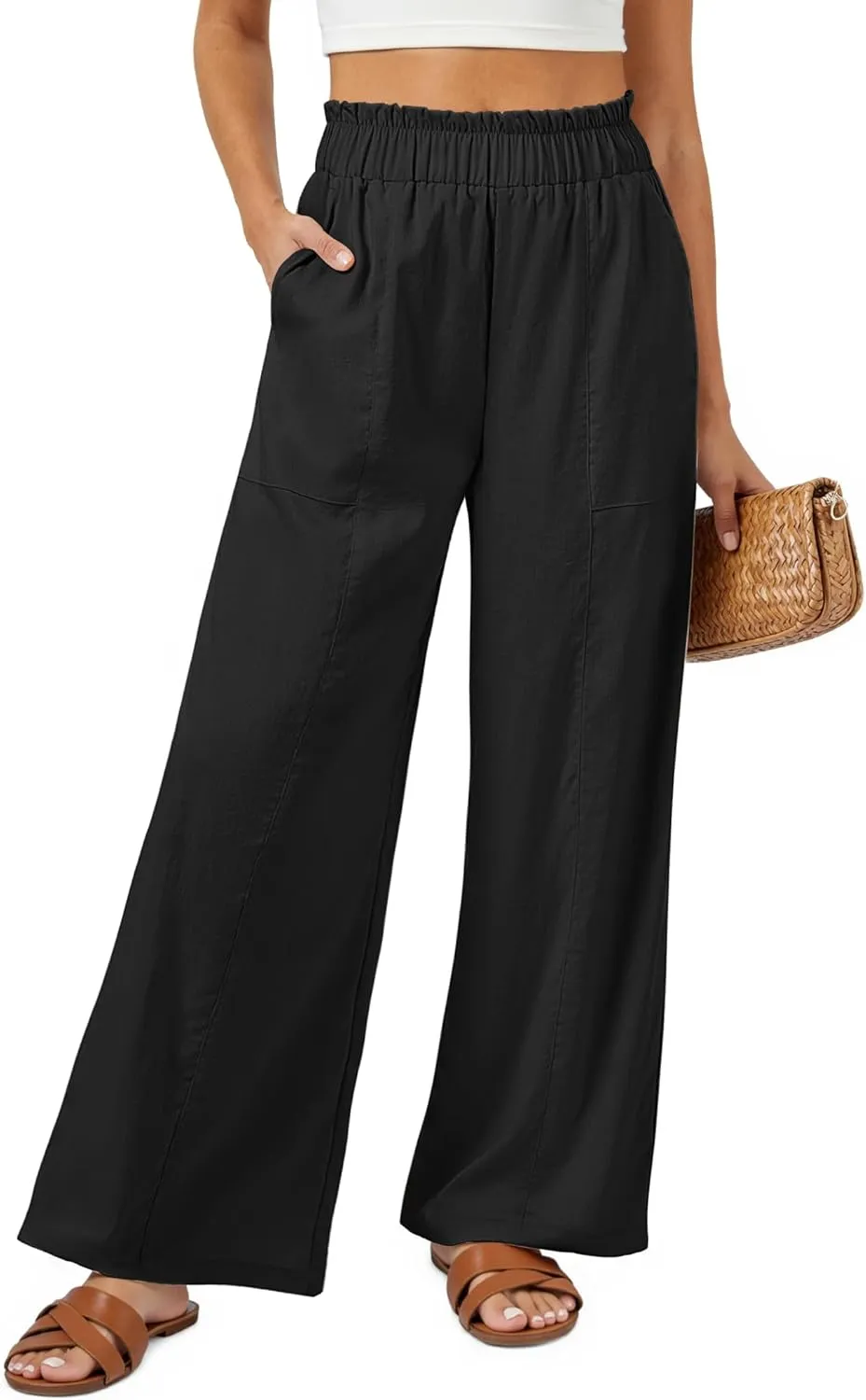 SEMARO Womens Casual Linen Feel Wide Leg Pants High Waist Palazzo Flowy Trousers Beach Vacation Outfits 2025