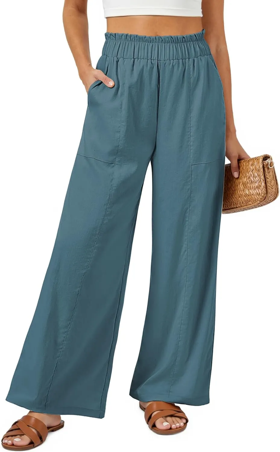 SEMARO Womens Casual Linen Feel Wide Leg Pants High Waist Palazzo Flowy Trousers Beach Vacation Outfits 2025