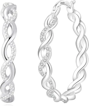 Senteria S925 Sterling Silver Hoop Earrings for Women Hypoallergenic Twisted Hoop Earrings with AAA  Cubic Zirconia Lightweight Large Silver Hoops Earrings for Women (30/40/50MM)