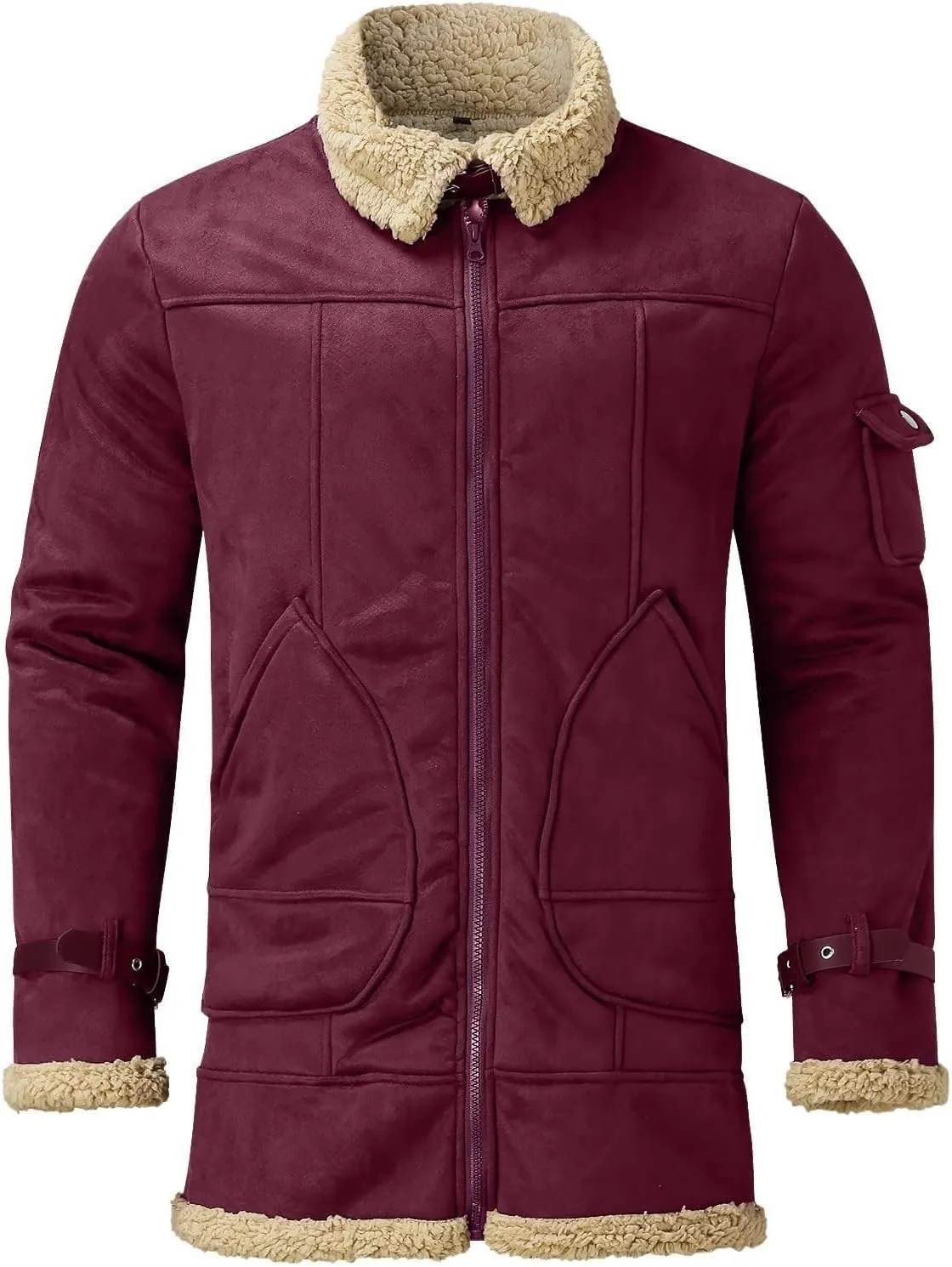 Shearling Coat Men Warm Fleece Lined Coat Aviator Shearling Sheepskin Leather Winter Jacket Lapel Work Cargo Jackets