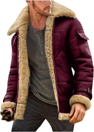 Shearling Coat Men Warm Fleece Lined Coat Aviator Shearling Sheepskin Leather Winter Jacket Lapel Work Cargo Jackets
