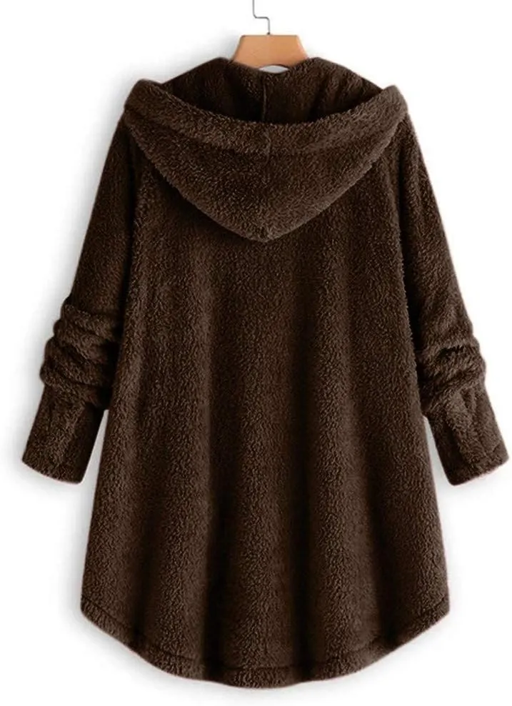 Sherpa Jacket Women Fuzzy Fleece Button Down Long Sleeve Casual Plush Cardigans Jacket Open Front Soft Hooded Coat