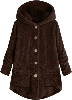 Sherpa Jacket Women Fuzzy Fleece Button Down Long Sleeve Casual Plush Cardigans Jacket Open Front Soft Hooded Coat