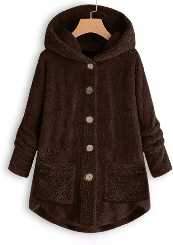 Sherpa Jacket Women Fuzzy Fleece Button Down Long Sleeve Casual Plush Cardigans Jacket Open Front Soft Hooded Coat