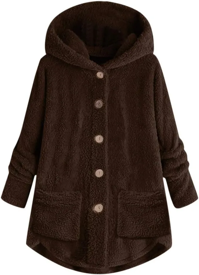 Sherpa Jacket Women Fuzzy Fleece Button Down Long Sleeve Casual Plush Cardigans Jacket Open Front Soft Hooded Coat