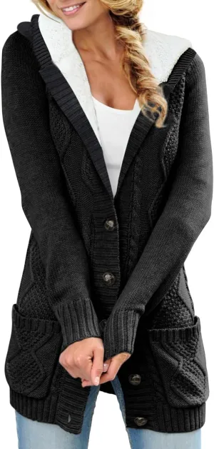 Sidefeel Women's Cardigan Sweaters Hooded Fleece Lined Button Down Front Jackets Winter Coat with Pockets