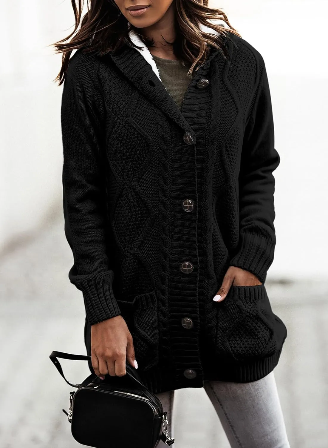 Sidefeel Women's Cardigan Sweaters Hooded Fleece Lined Button Down Front Jackets Winter Coat with Pockets