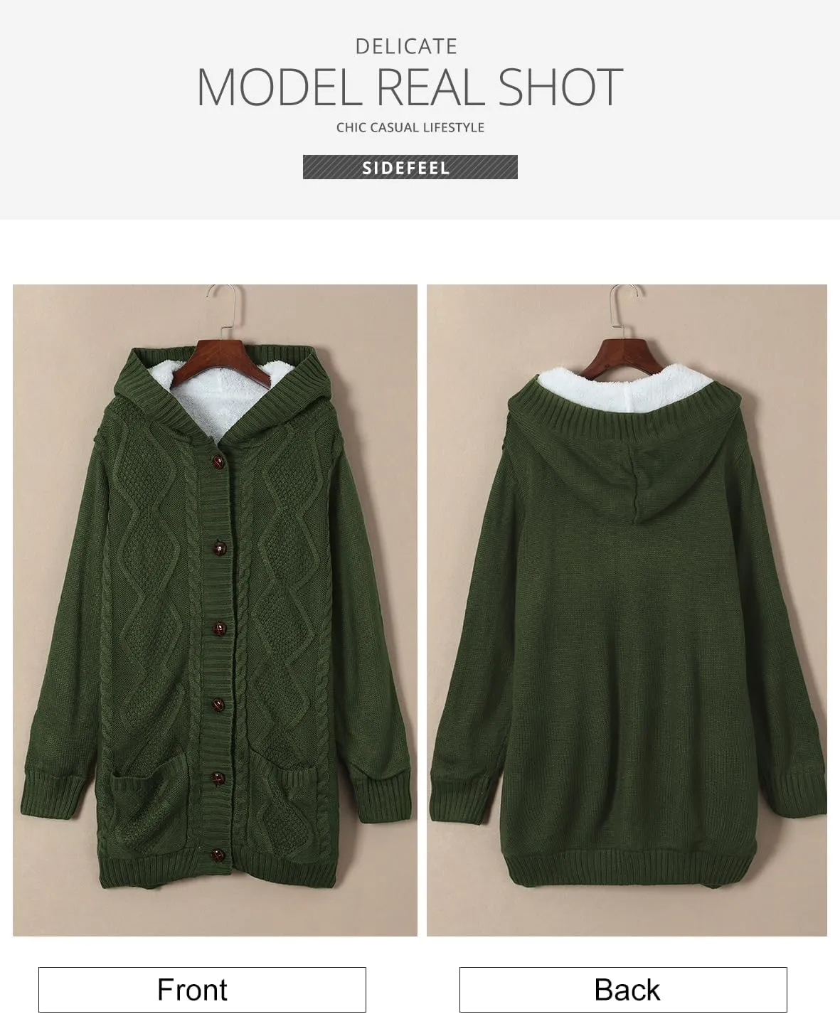 Sidefeel Women's Cardigan Sweaters Hooded Fleece Lined Button Down Front Jackets Winter Coat with Pockets