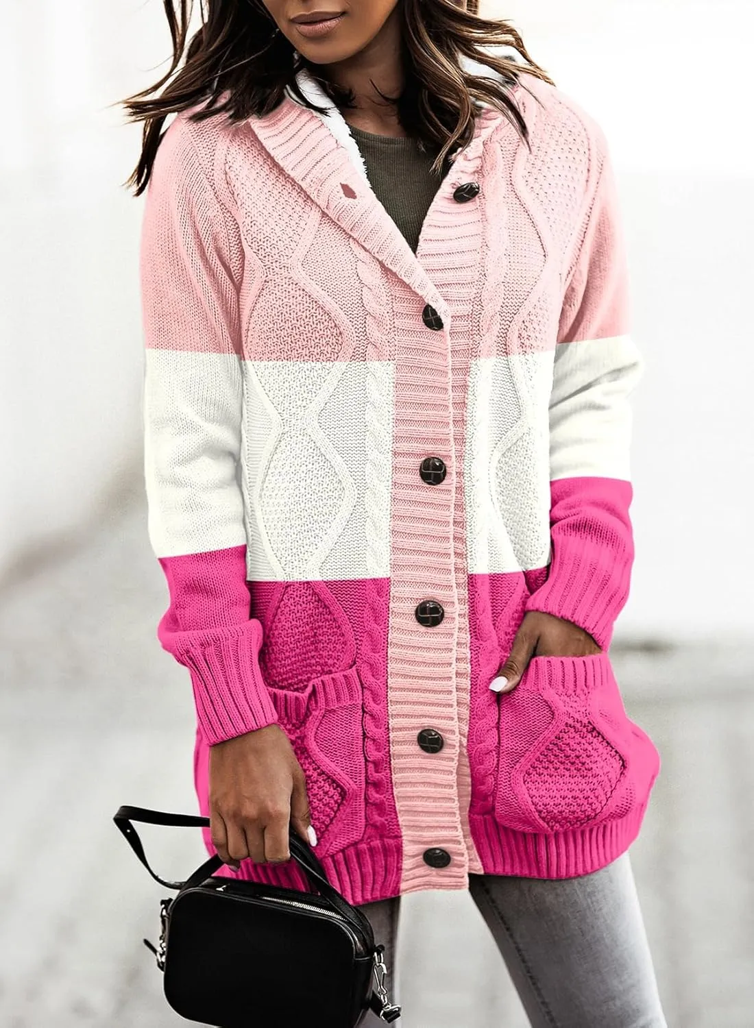 Sidefeel Women's Cardigan Sweaters Hooded Fleece Lined Button Down Front Jackets Winter Coat with Pockets