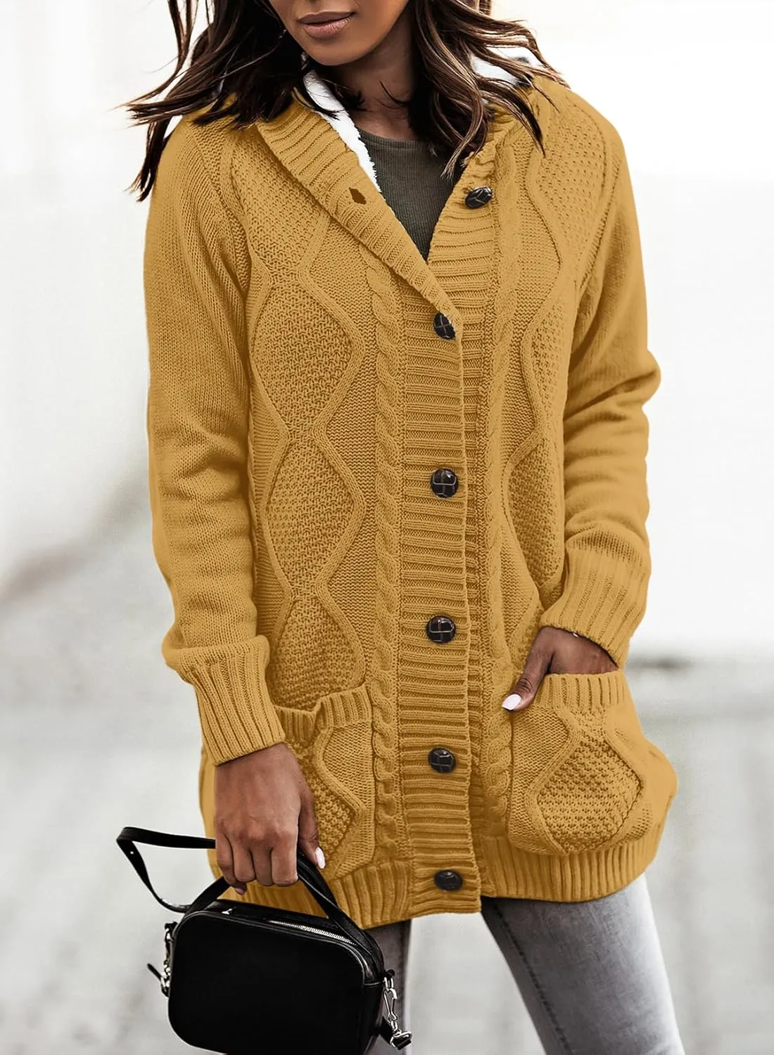 Sidefeel Women's Cardigan Sweaters Hooded Fleece Lined Button Down Front Jackets Winter Coat with Pockets