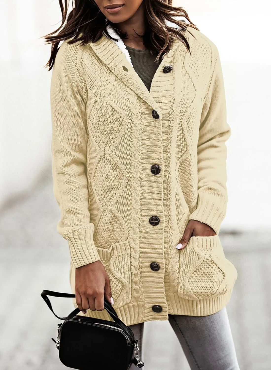 Sidefeel Women's Cardigan Sweaters Hooded Fleece Lined Button Down Front Jackets Winter Coat with Pockets