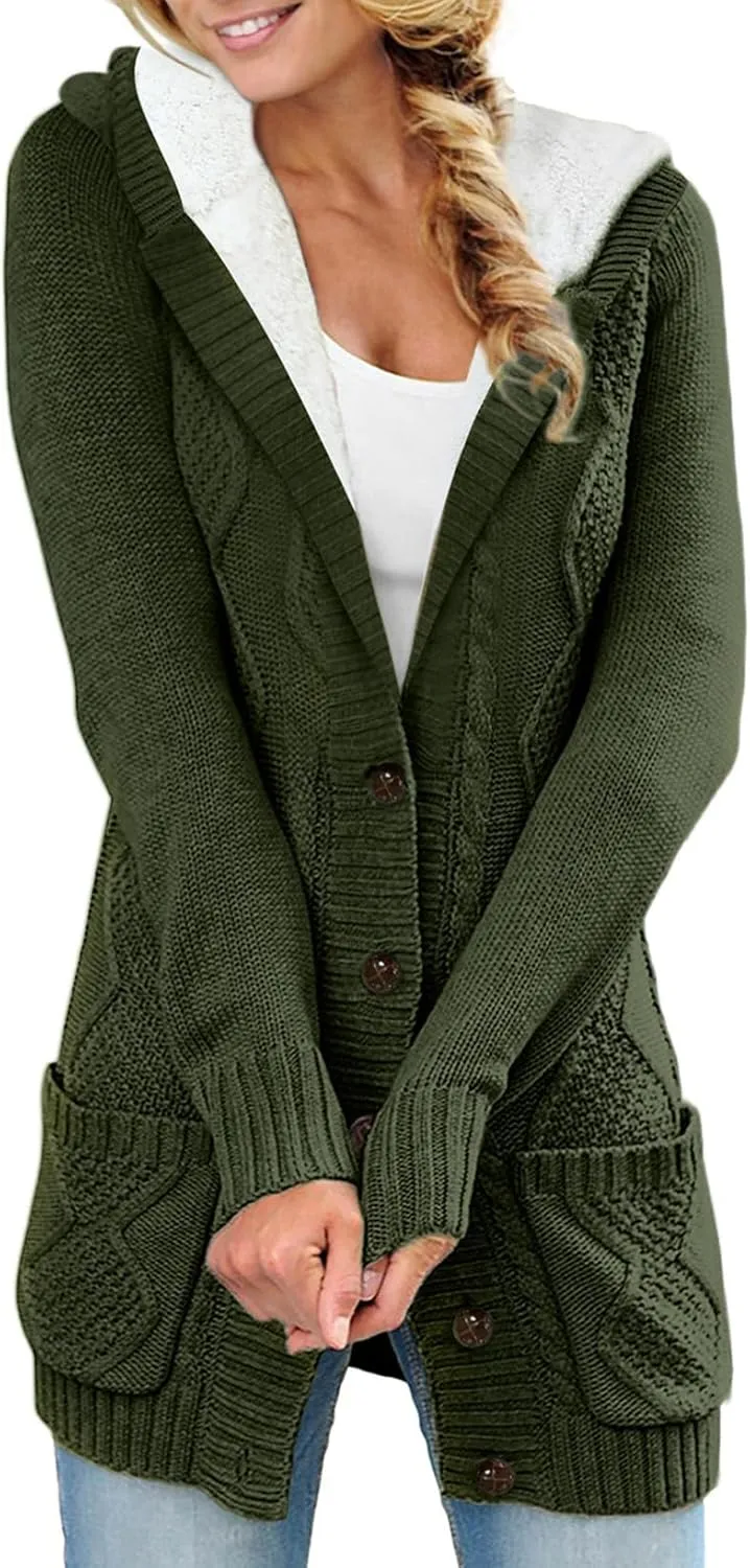 Sidefeel Women's Cardigan Sweaters Hooded Fleece Lined Button Down Front Jackets Winter Coat with Pockets