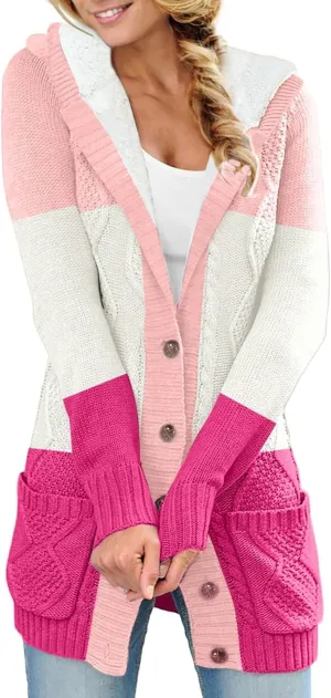 Sidefeel Women's Cardigan Sweaters Hooded Fleece Lined Button Down Front Jackets Winter Coat with Pockets