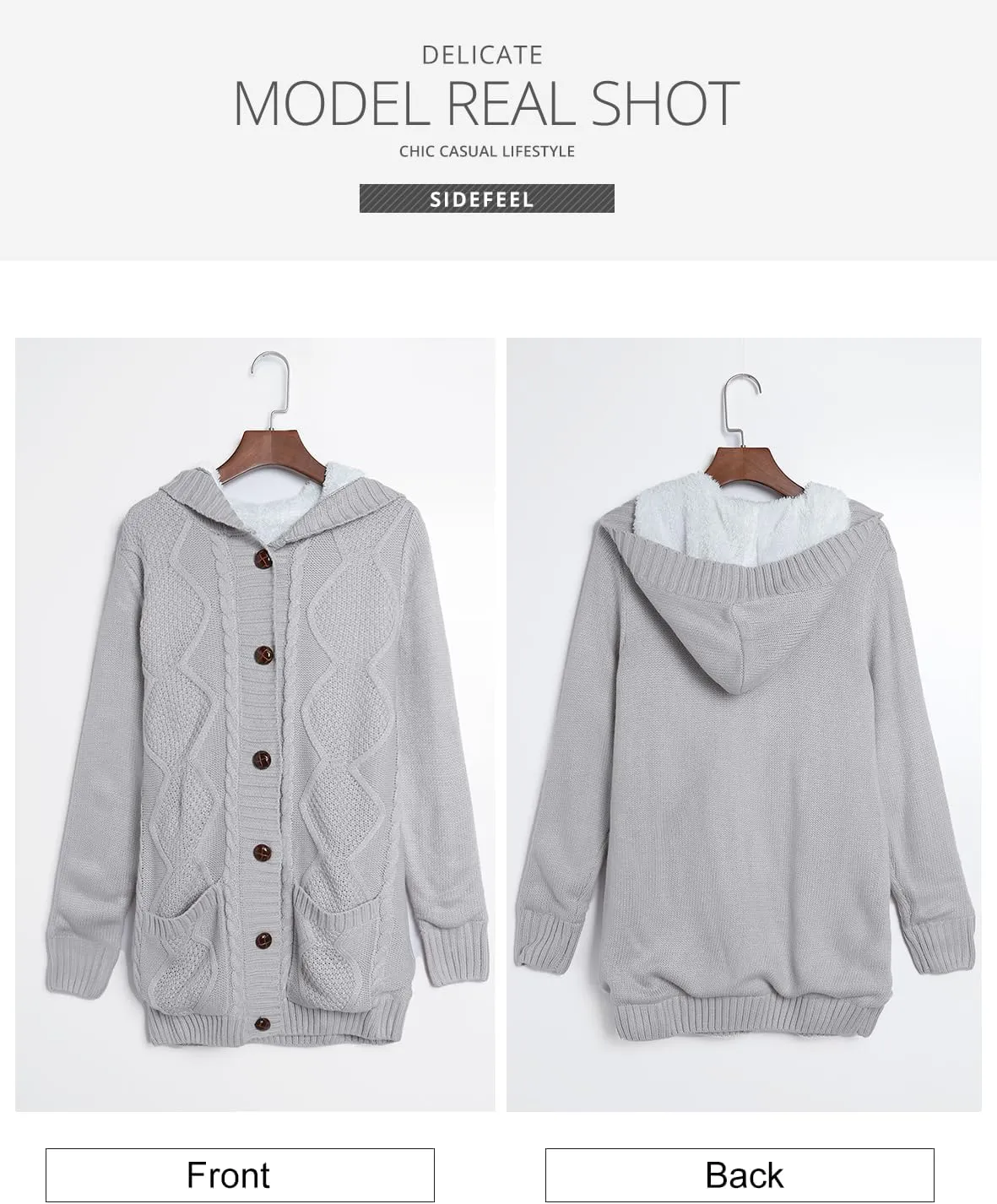 Sidefeel Women's Cardigan Sweaters Hooded Fleece Lined Button Down Front Jackets Winter Coat with Pockets