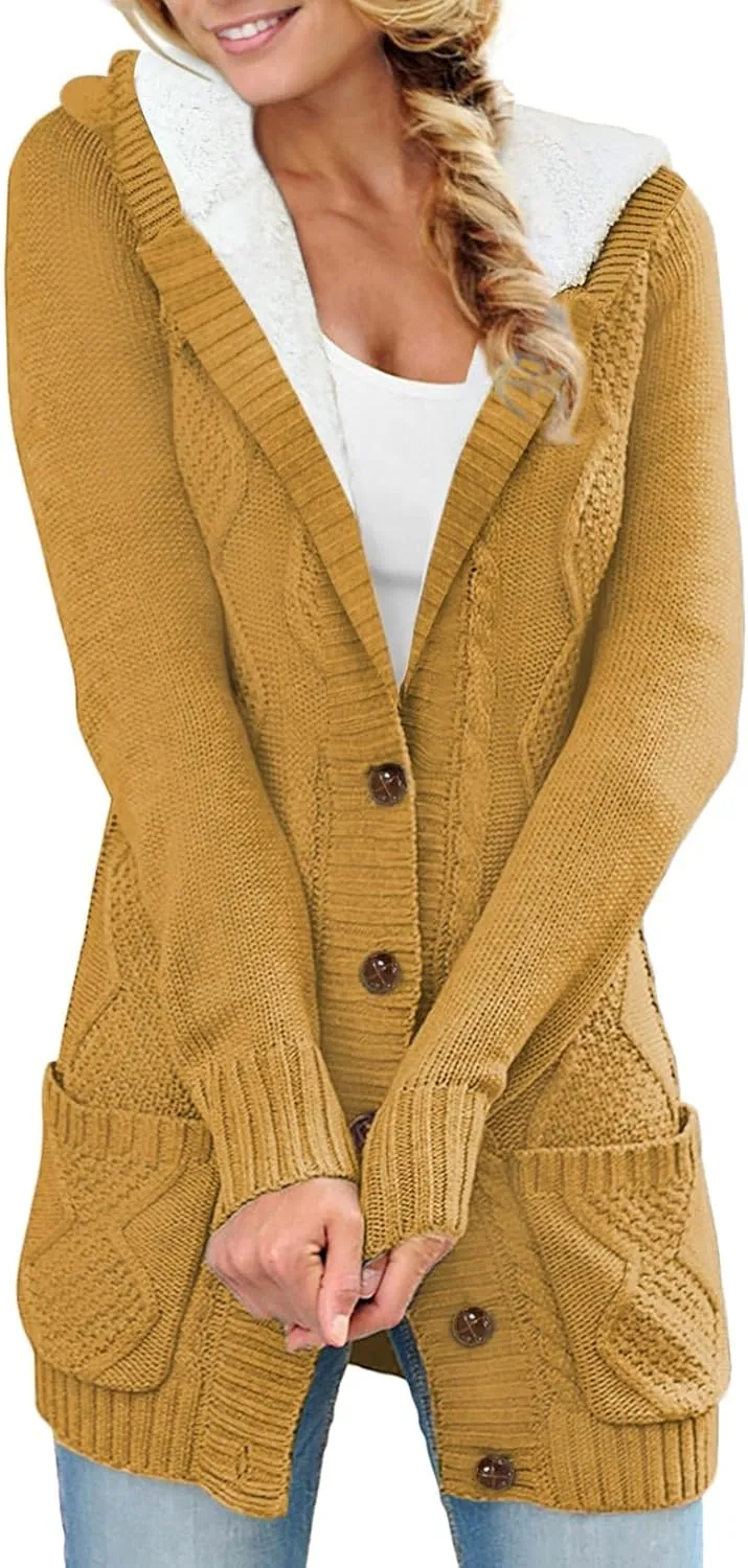 Sidefeel Women's Cardigan Sweaters Hooded Fleece Lined Button Down Front Jackets Winter Coat with Pockets