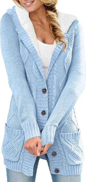 Sidefeel Women's Cardigan Sweaters Hooded Fleece Lined Button Down Front Jackets Winter Coat with Pockets