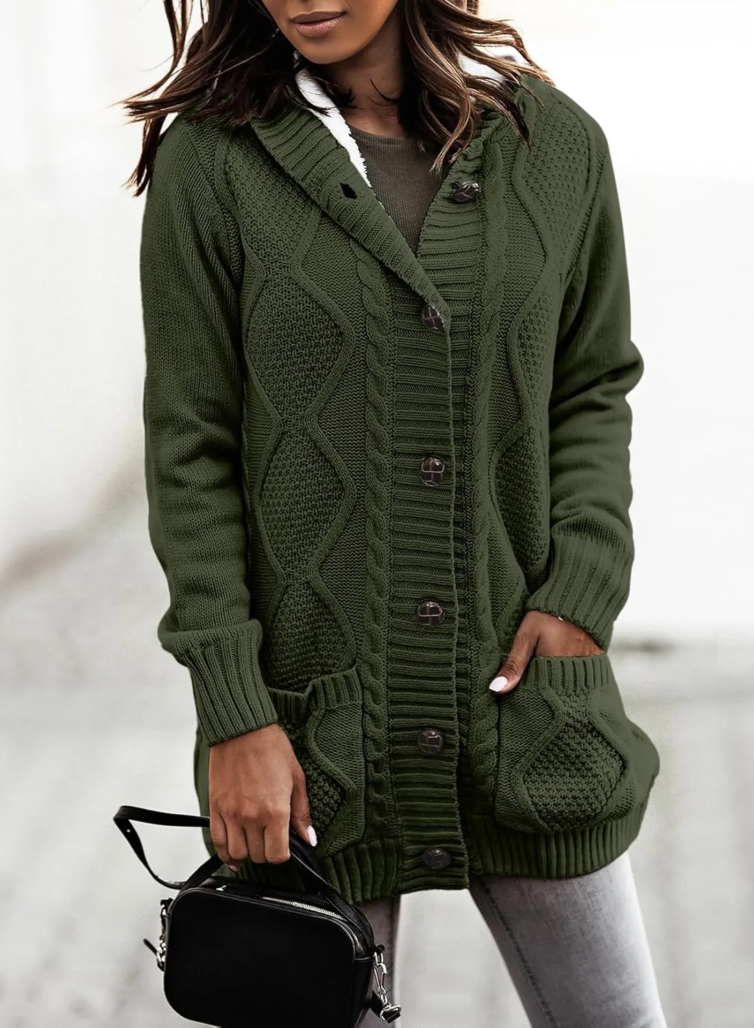 Sidefeel Women's Cardigan Sweaters Hooded Fleece Lined Button Down Front Jackets Winter Coat with Pockets