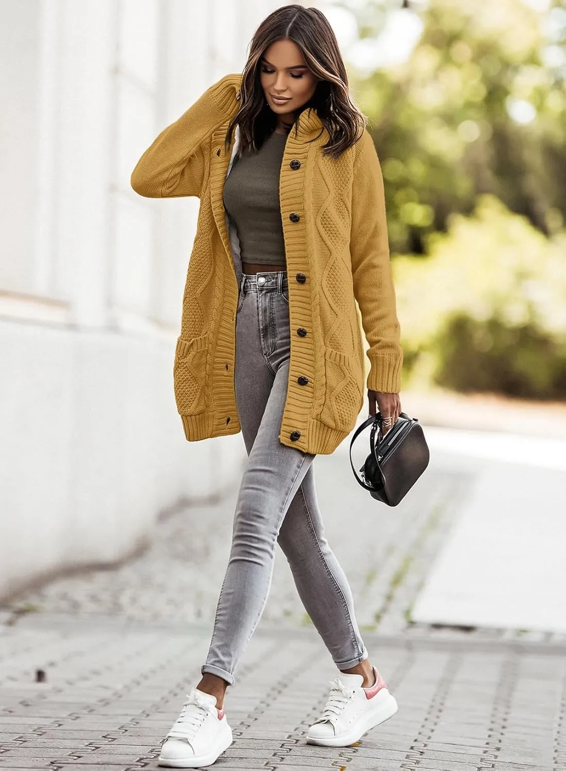 Sidefeel Women's Cardigan Sweaters Hooded Fleece Lined Button Down Front Jackets Winter Coat with Pockets