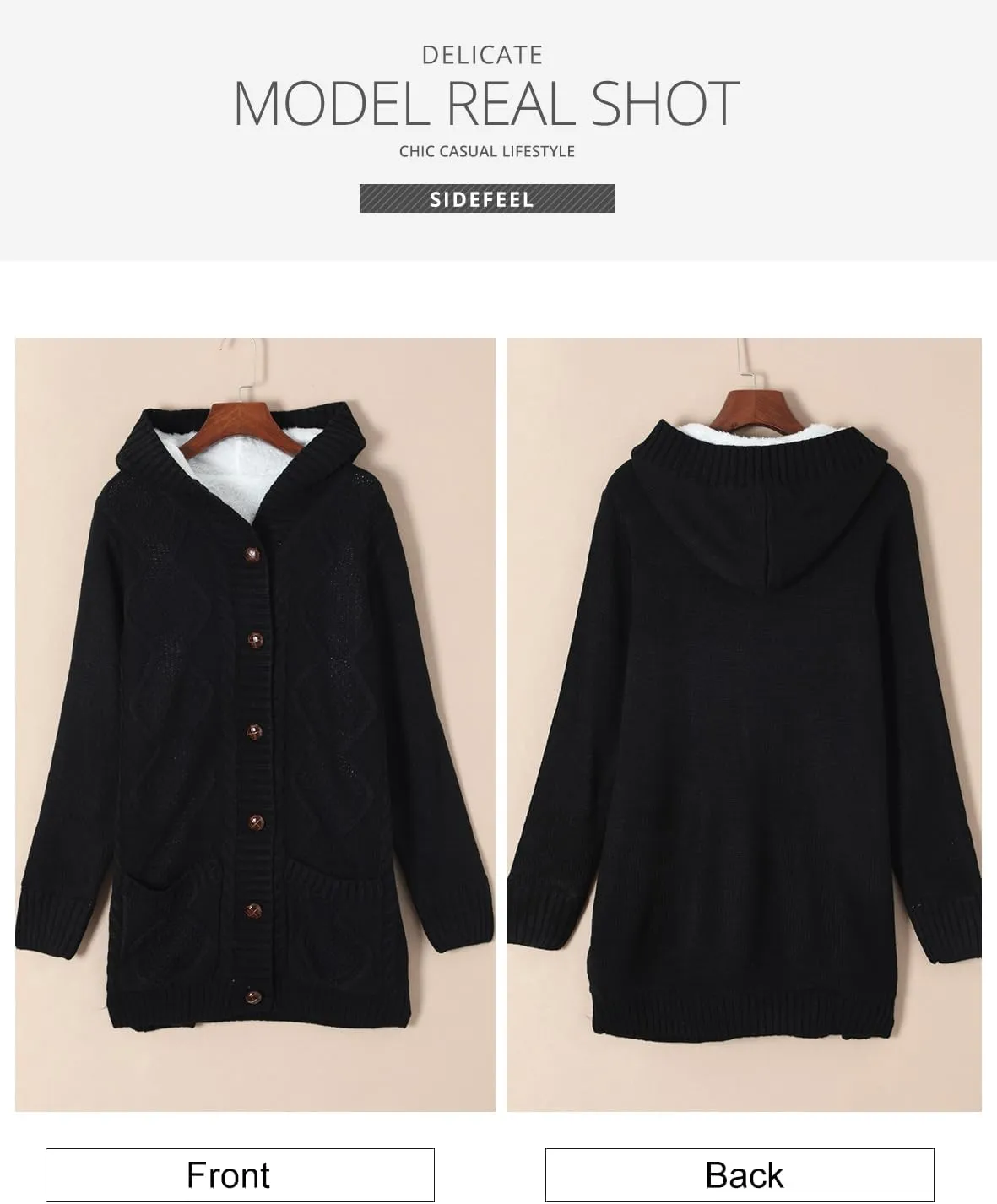 Sidefeel Women's Cardigan Sweaters Hooded Fleece Lined Button Down Front Jackets Winter Coat with Pockets