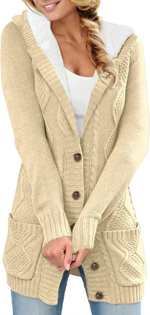 Sidefeel Women's Cardigan Sweaters Hooded Fleece Lined Button Down Front Jackets Winter Coat with Pockets