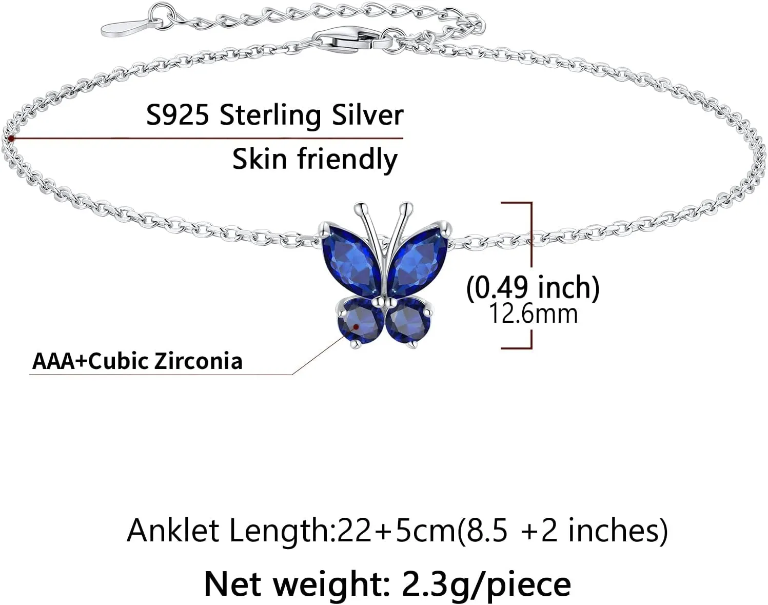 SILVERCUTE Silver Anklets for Women Cute Butterfly Jewelry 925 Sterling Silver Anklets Waterproof Summer Beach Foot Bracelet January to December Birthstone Anklet 22-27cm