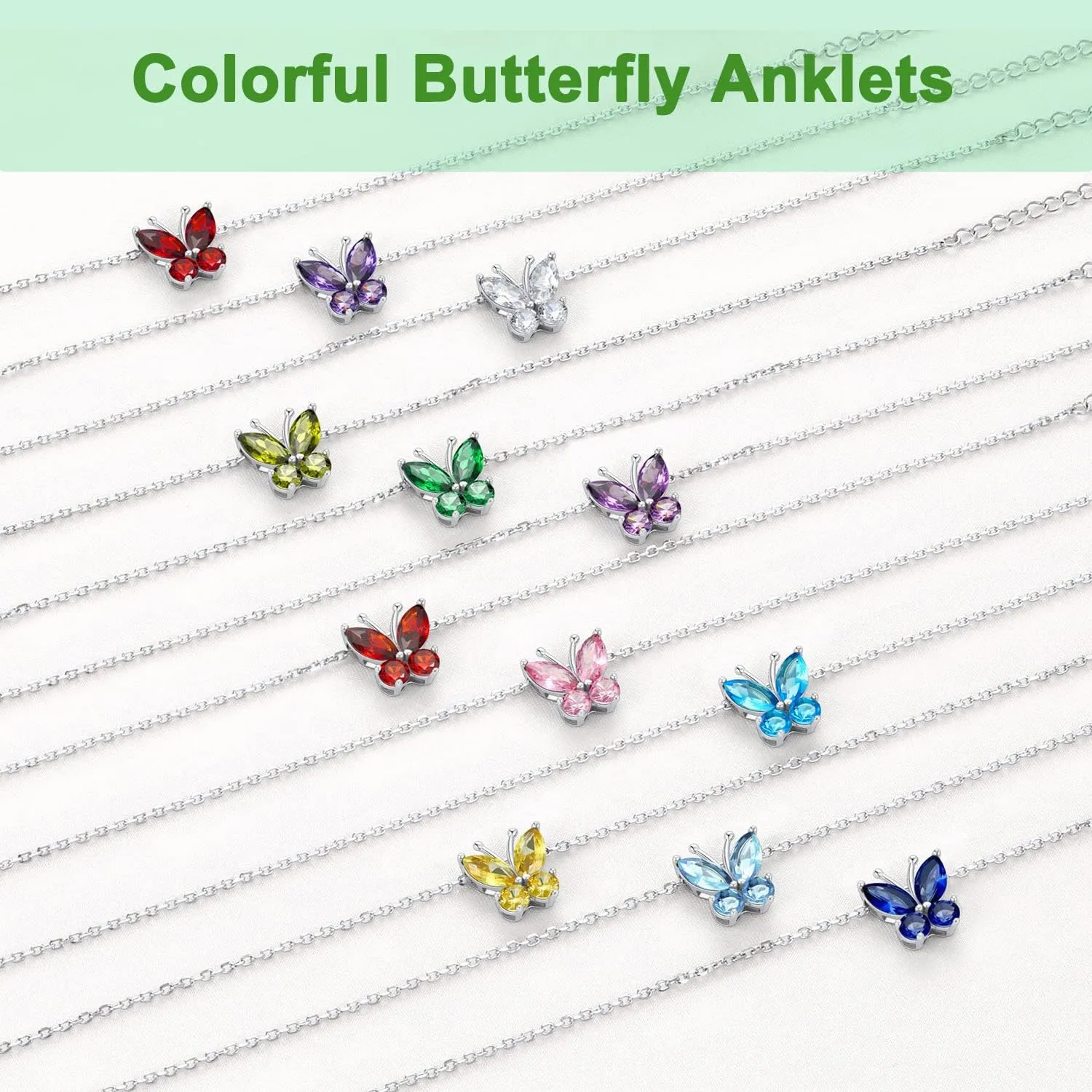 SILVERCUTE Silver Anklets for Women Cute Butterfly Jewelry 925 Sterling Silver Anklets Waterproof Summer Beach Foot Bracelet January to December Birthstone Anklet 22-27cm