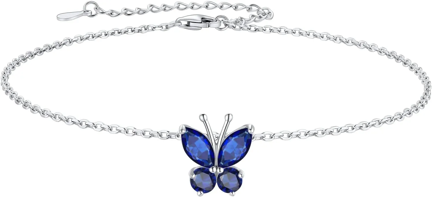 SILVERCUTE Silver Anklets for Women Cute Butterfly Jewelry 925 Sterling Silver Anklets Waterproof Summer Beach Foot Bracelet January to December Birthstone Anklet 22-27cm