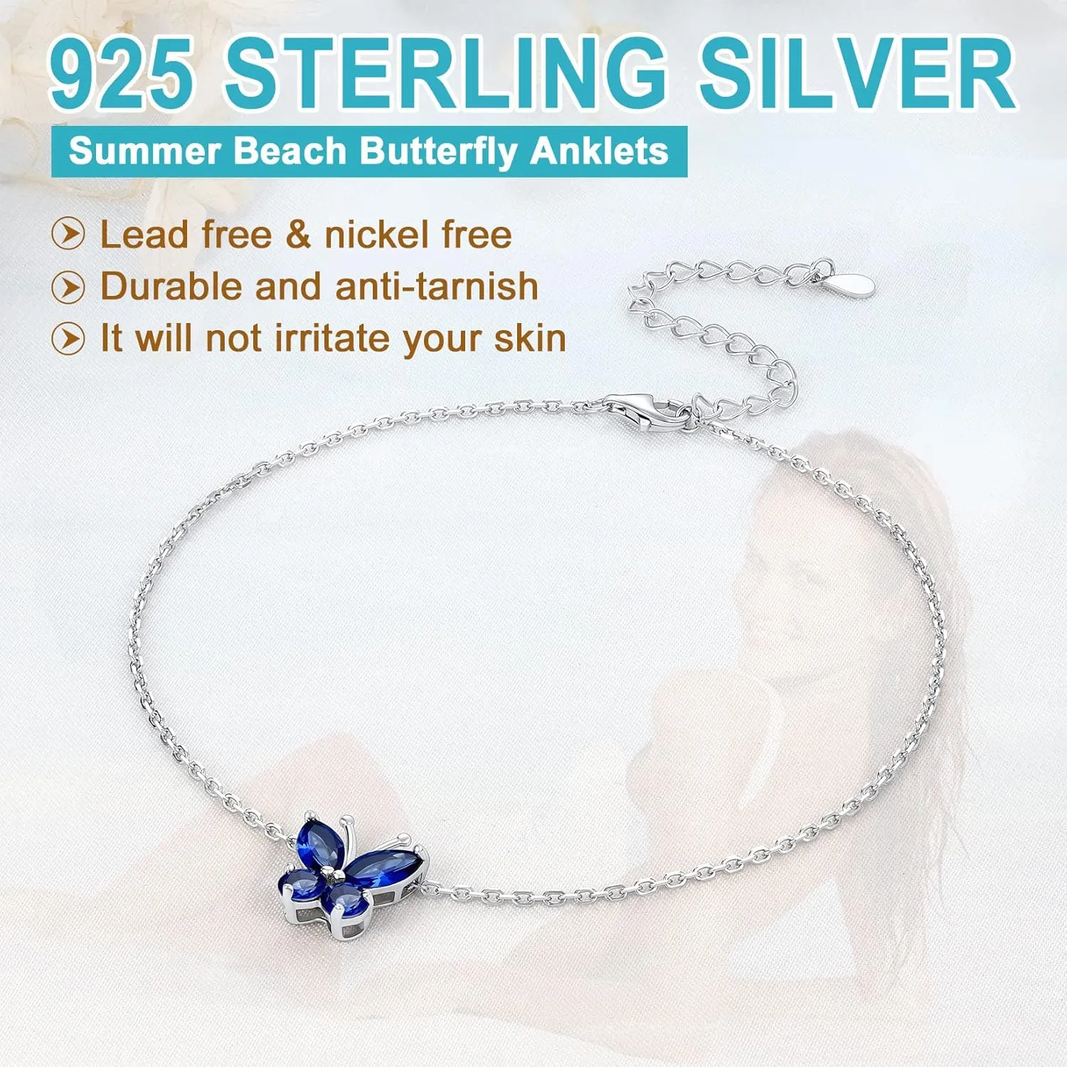 SILVERCUTE Silver Anklets for Women Cute Butterfly Jewelry 925 Sterling Silver Anklets Waterproof Summer Beach Foot Bracelet January to December Birthstone Anklet 22-27cm